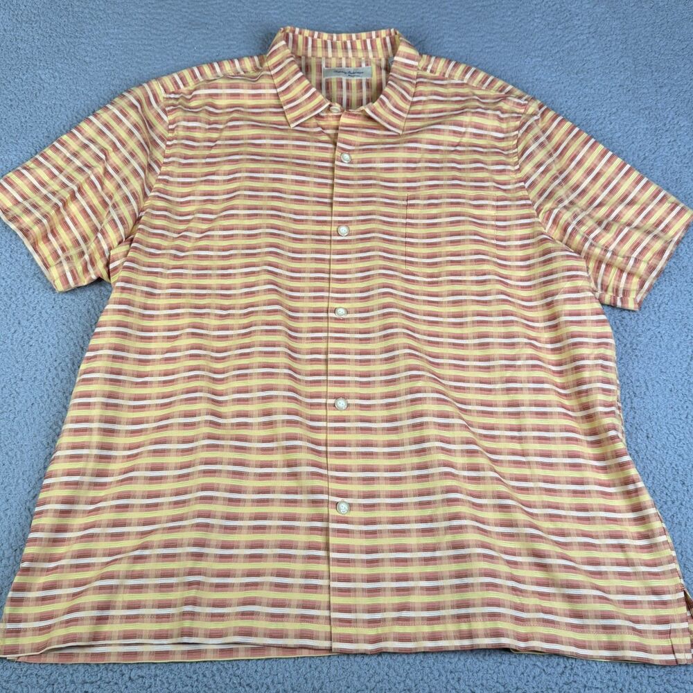 TOMMY BAHAMA Shirt Mens 3XL Yellow Orange Stripe Silk Blend Button Pocket